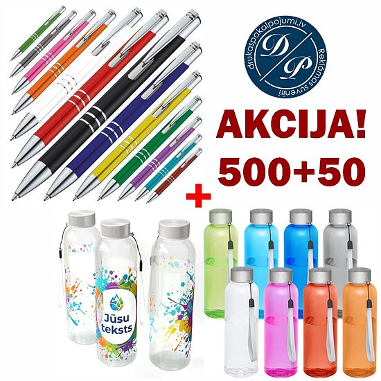 Metāla pildspalvas EG-ASCOT 500gab. + plastmasas ūdens pudeles Bodhi ar krāsu druku 50gab.